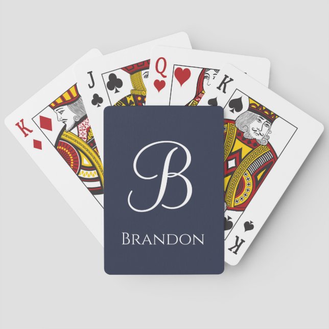 Navy Blue Personalised Name and Monogram Playing Cards (Back)