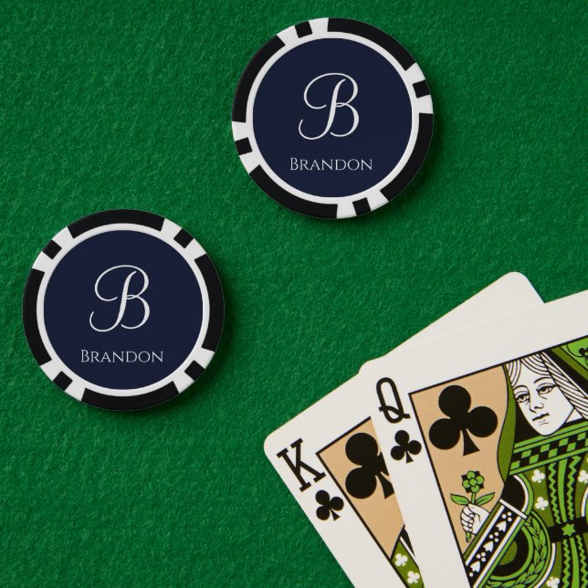 Navy Blue Personalised Name and Monogram Poker Chips (Poker Table (Double))