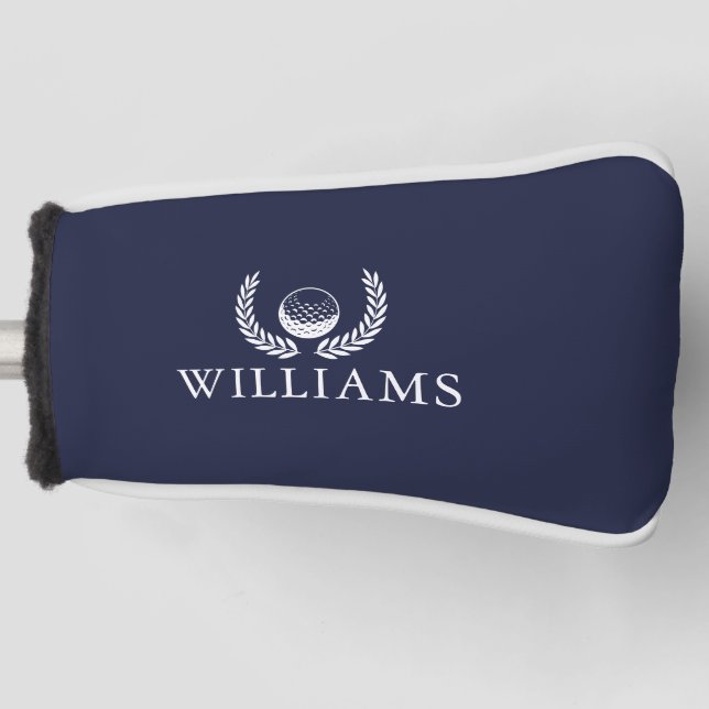 Navy Blue Personalised Name Golf Ball And Wreath Golf Head Cover (Front)