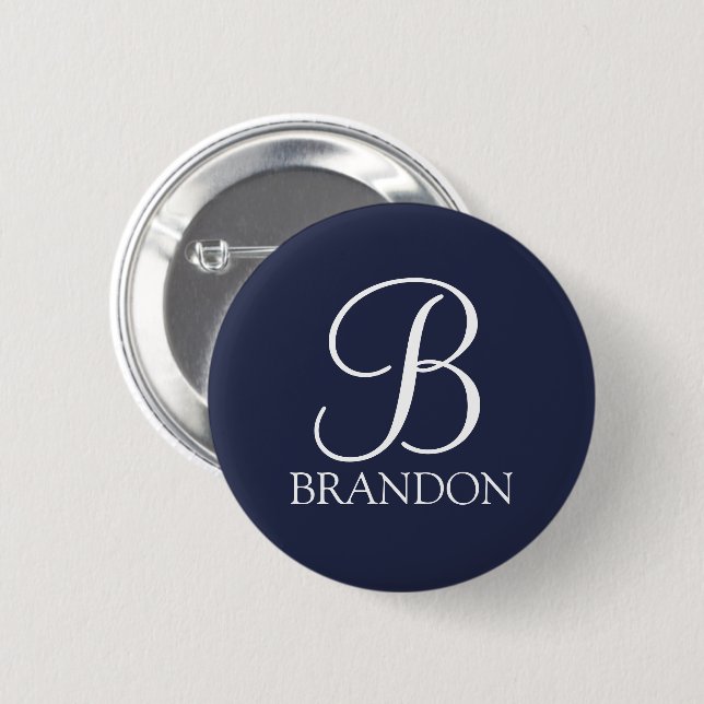 Navy Blue Personalised Script Monogram and Name 6 Cm Round Badge (Front & Back)