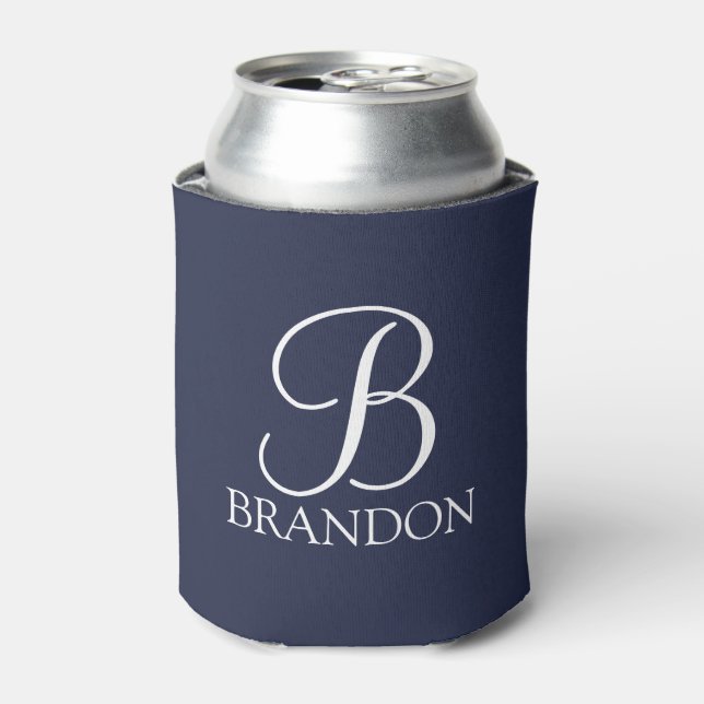Navy Blue Personalised Script Monogram and Name Can Cooler (Can Front)