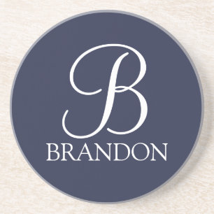 Navy Blue Personalised Script Monogram and Name Coaster