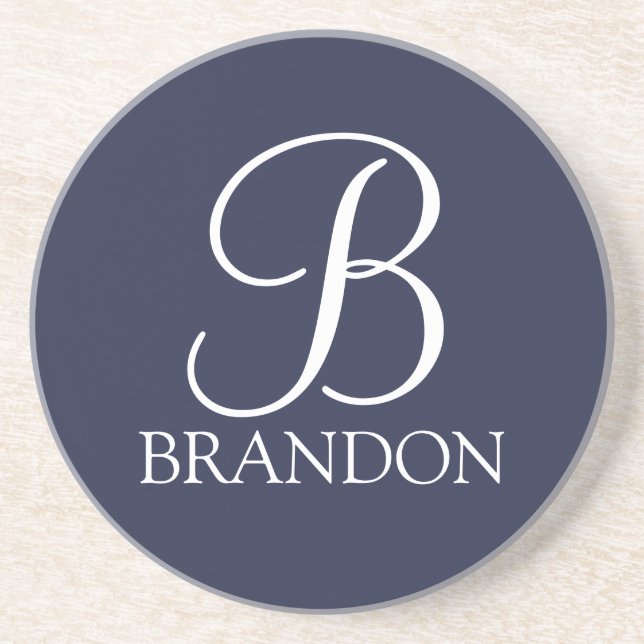 Navy Blue Personalised Script Monogram and Name Coaster (Front)