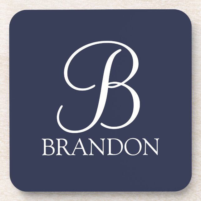 Navy Blue Personalised Script Monogram and Name Coaster (Front)