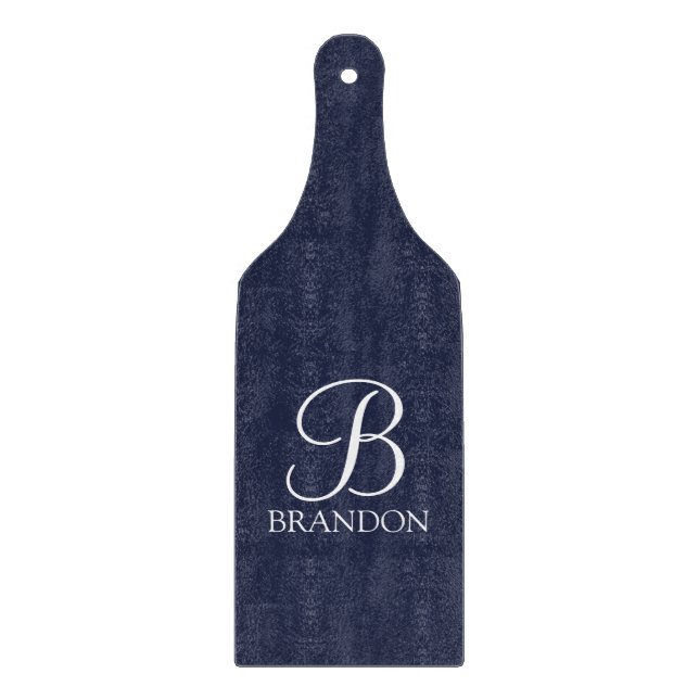 Navy Blue Personalised Script Monogram and Name Cutting Board (Front)