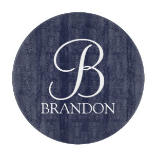 Navy Blue Personalised Script Monogram and Name Cutting Board