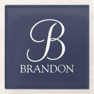 Navy Blue Personalised Script Monogram and Name Glass Coaster