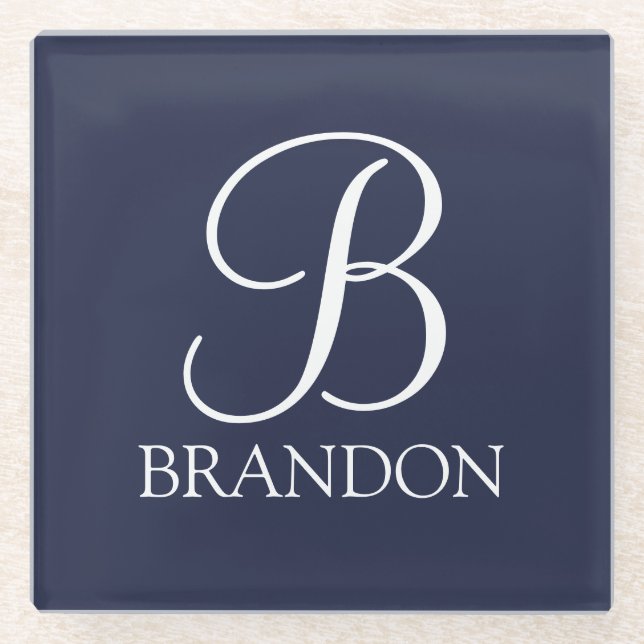 Navy Blue Personalised Script Monogram and Name Glass Coaster (Front)