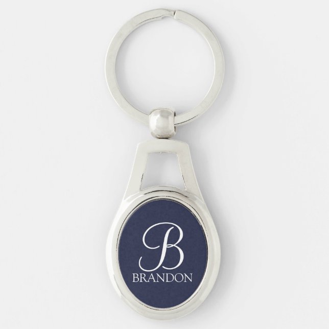 Navy Blue Personalised Script Monogram and Name Key Ring (Front)