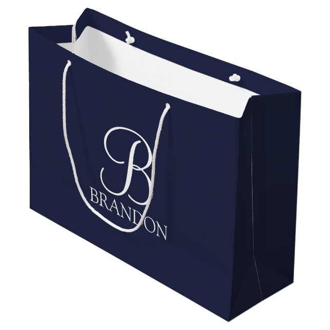 Navy Blue Personalised Script Monogram and Name Large Gift Bag (Front Angled)