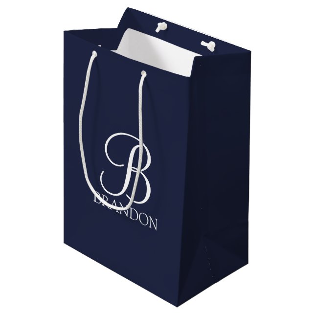Navy Blue Personalised Script Monogram and Name Medium Gift Bag (Front Angled)