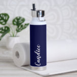Navy Blue Personalised Wedding Bridesmaid Water Bottle<br><div class="desc">Gift your wedding bridesmaid or maid of honour with this vacuum trendy, insulated water bottle that features her name in white, stylised script on a navy blue colour background designed to match your wedding colour scheme. Personalise bottle by editing and replacing name with your own as desired. Select your water...</div>
