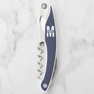 Navy Blue Personalized Monogram and Name Corkscrew