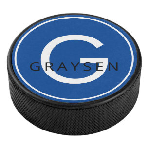 Navy Blue Personalized Name & Initial Letter Hockey Puck