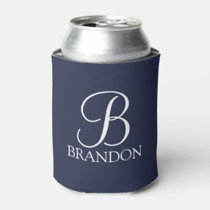 Navy Blue Personalized Script Monogram and Name Can Cooler