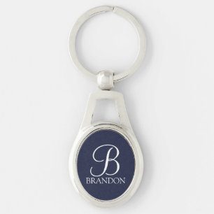 Navy Blue Personalized Script Monogram and Name Key Ring