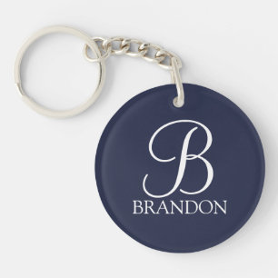 Navy Blue Personalized Script Monogram and Name Key Ring