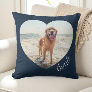 Navy Blue Pet Heart Photo Script Personalised Dog Cushion
