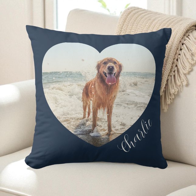Navy Blue Pet Heart Photo Script Personalised Dog Cushion (Navy Blue Pet Heart Photo Script Personalized Dog Throw Pillow)