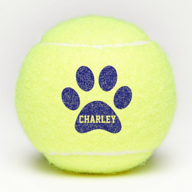 Navy Blue Pet Paw Print Personalised Name Toy Tennis Balls (Front)