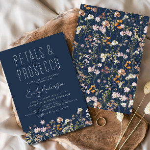 Navy Blue Petals & Prosecco Bridal Shower Invitation