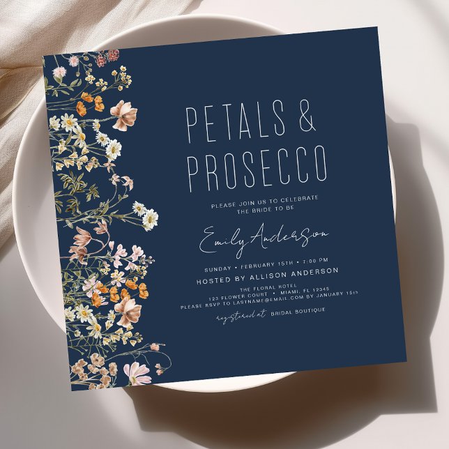 Navy Blue Petals & Prosecco Bridal Shower Invitation (Creator Uploaded)