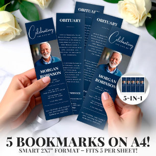 Navy Blue Photo 2x7" DIY Funeral Bookmark Template