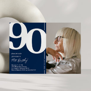 Navy Blue Photo 90th Birthday Party Invitation