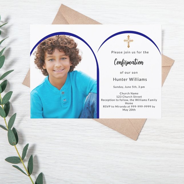 Navy blue photo arch boy cross Confirmation Invitation (Creator Uploaded)