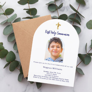 Navy blue photo arch boy First Holy Communion Invitation