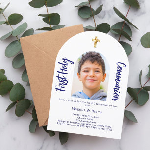 Navy blue photo arch boy First Holy Communion  Invitation