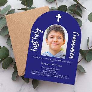 Navy blue photo arch boy First Holy Communion  Invitation