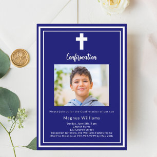Navy blue photo boy Confirmation Invitation