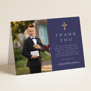 Navy Blue Photo Boy First Communion Folded Thank You Card
