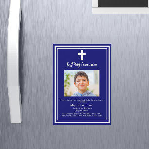 Navy blue photo boy First Holy Communion Magnetic Invitation
