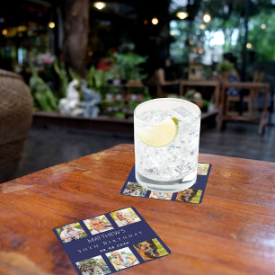 Navy blue photo collage birthday party square paper coaster