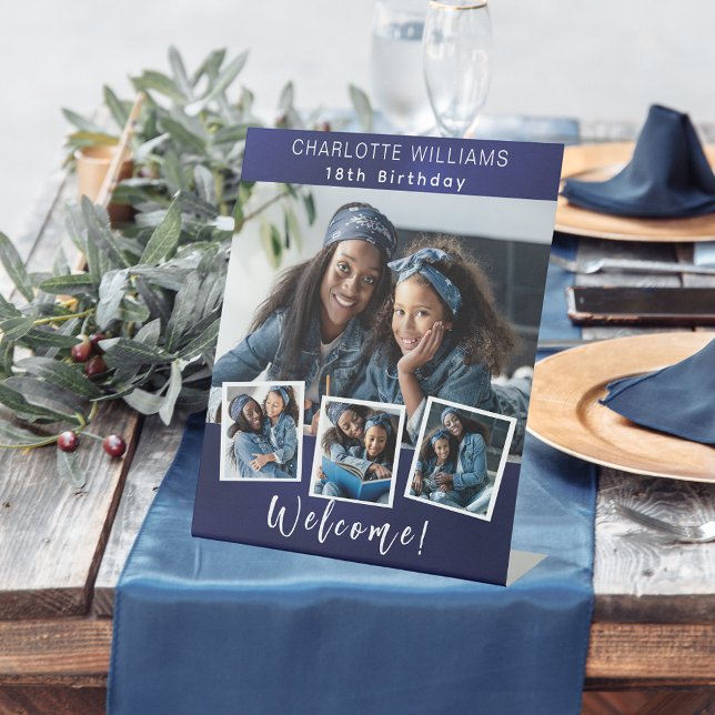 Navy blue photo collage birthday party welcome pedestal sign (Creator Uploaded)