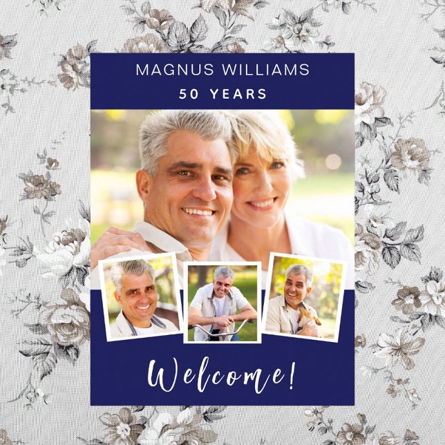 Navy blue photo collage birthday party welcome poster (Creator Uploaded)