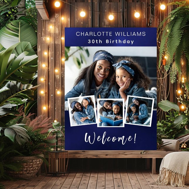 Navy blue photo collage birthday party welcome poster (Creator Uploaded)