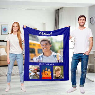Navy blue photo collage boy friends fleece blanket