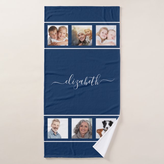 Navy blue photo collage monogram script bath towel (Bath Towel)