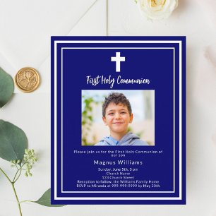 Navy blue photo First Holy Communion invitation