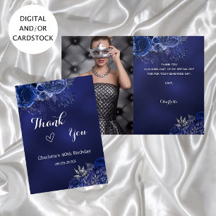 Navy blue photo flowers birthday thank you card