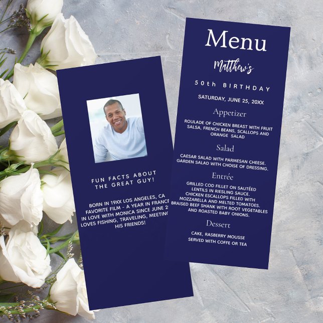 Navy blue photo fun facts birthday menu card (Creator Uploaded)