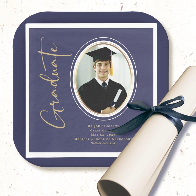 Navy Blue Photo Gold Graduation Script Minimal Napkin (Creator Uploaded)