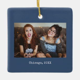 Navy Blue Photo Keepsake Christmas Ceramic Ornament