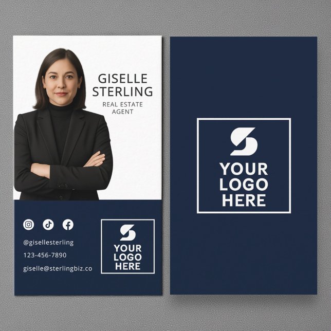 Navy Blue Photo Logo Real Estate Agent  Business Card (Creator Uploaded)