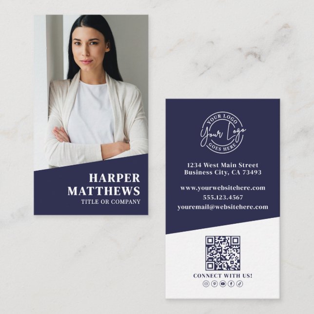 Navy Blue Photo QR Code Logo Vertical Business Card (Front/Back)