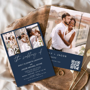 Navy Blue Photo QR code Wedding Minimalist  Invitation