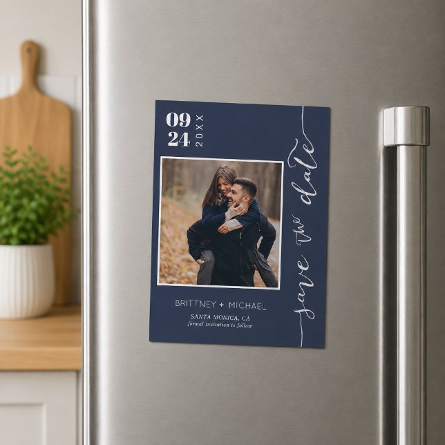 Navy Blue Photo Save the Date (Elegant navy blue photo save the date featuring modern typography, romantic handwritten magnet)